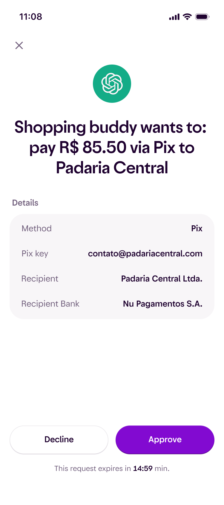 Nubank app action authorization screen for a Pix payment